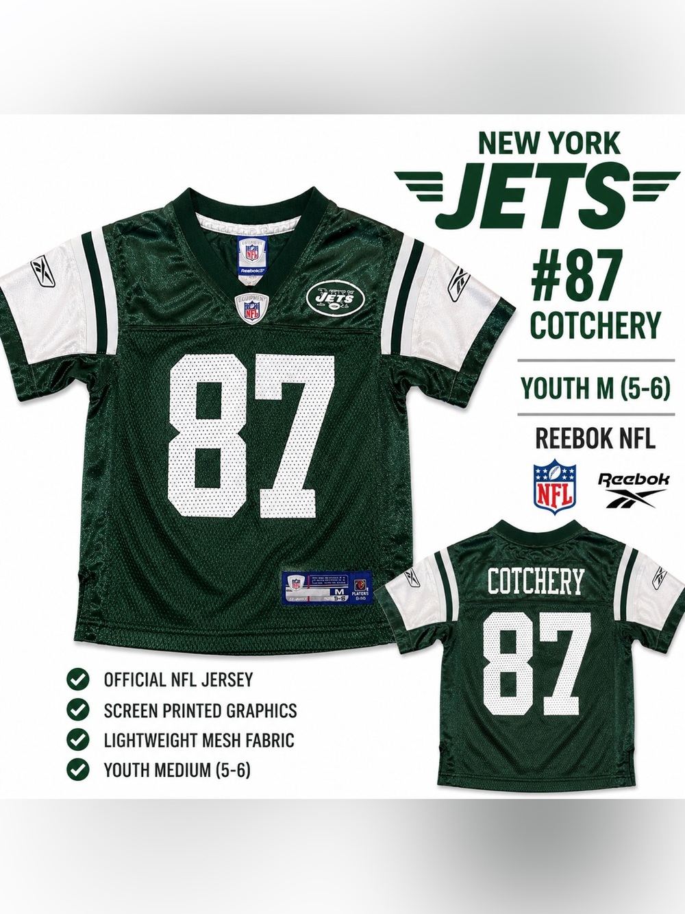 Reebok New York Jets Jerricho Cotchery #87 Youth Jersey Green NFL